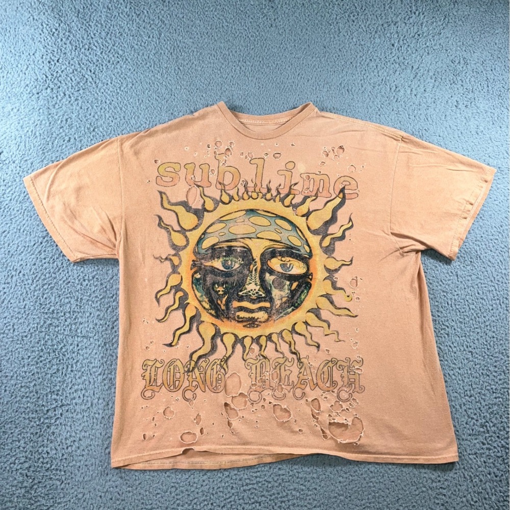 Sublime‎ Graphic T-Shirt S/M Distressed Sun Peach Oversized Boxy Boyfriend 90s